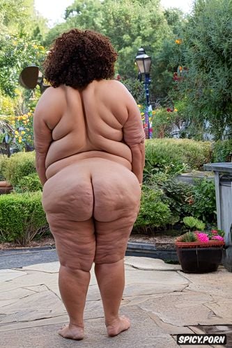 naked, big round butt, short curly hair, obese flabby belly skin