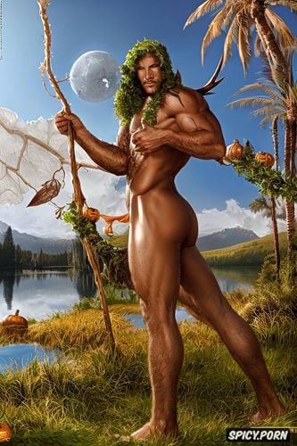 curly hair, halloween, lake, faun, tall, perfect male face, perfect penis and testicles