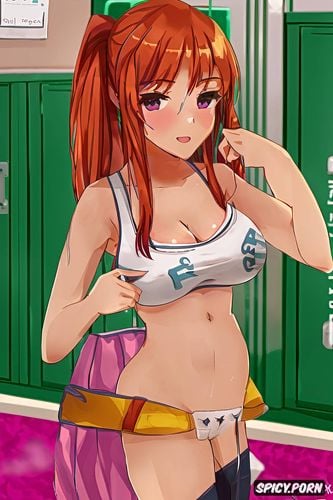 a tiny little petite ginger teen cheerleader in locker room