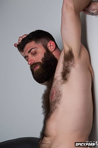solo hairy gay man with a big dick showing full body and perfect face beard showing hairy armpits indoors beefy body