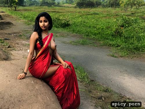 style oil, long hair, seductive, brown tits, red saree, small breast