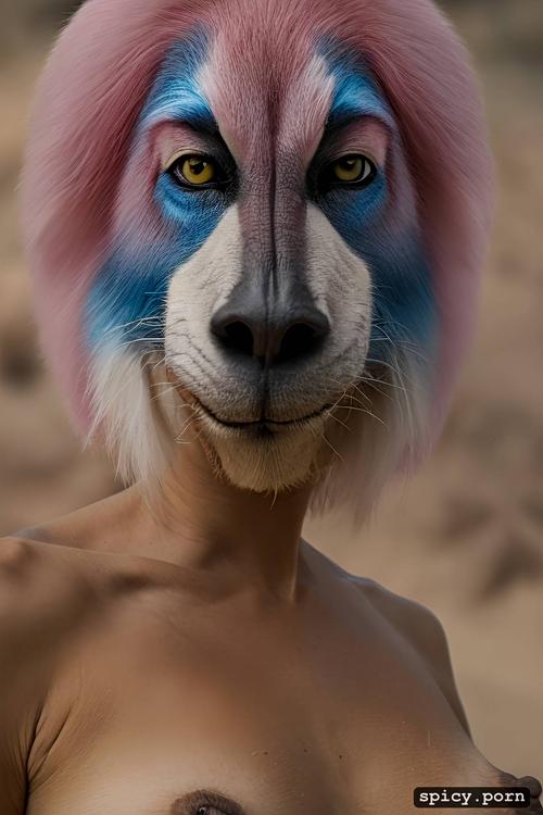 mandrill face woman, portrait, pink pastel blue nose, natural tits