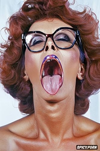 big glasses, cum in moutn, wide open mouth, lush red curls, sticking out tongue