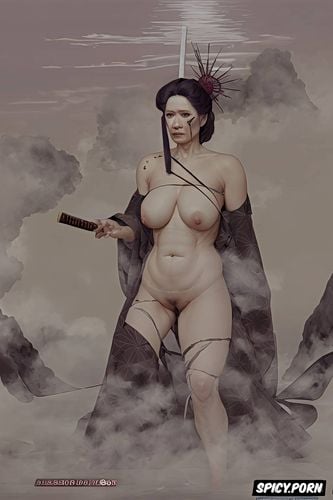 ilya repin painting, nude portrait, steam, samurai sword, small perky breasts