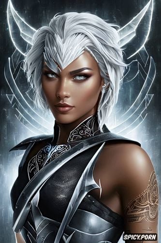 black leather armor, hawke dragon age beautiful face ebony skin silver hair full body shot