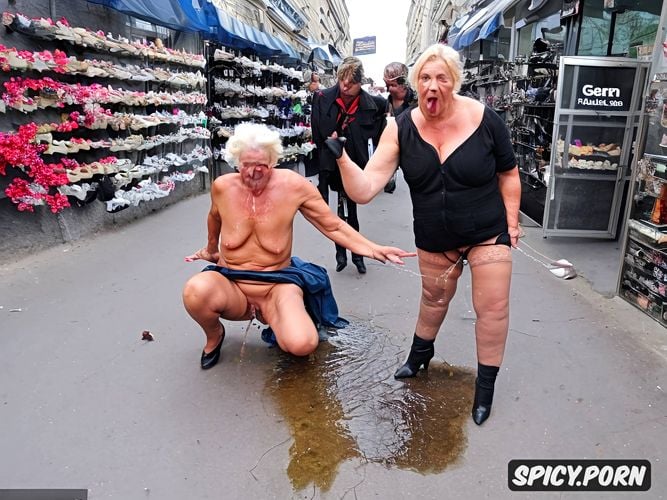 piss on the floor, begging in a street full of shops, granny woman german