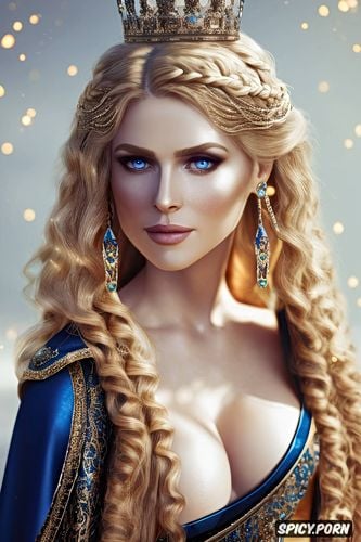 blue eyes, diadem, flowing low cut royal gown, masterpiece, dragon age