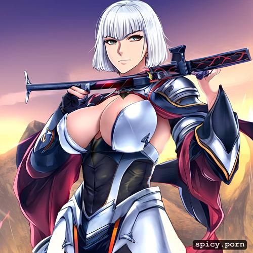 bobcut hair, wearing battle armour, massive tits, holding a sword