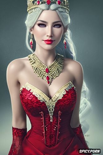 tight low cut red lace corset, female knight, confident smirk