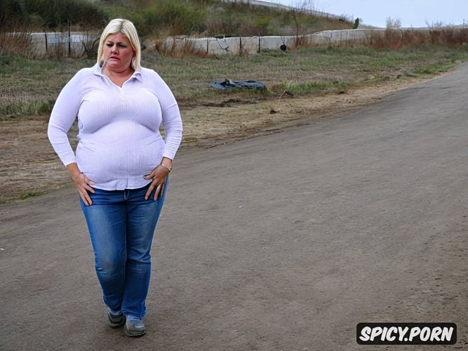 insanely large very fat floppy breasts, big dumb eyes, standing straight beside east european concrete large parking lot