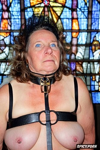 stained glass windows, extreme fat, extremely wrinkled, extremely old granny