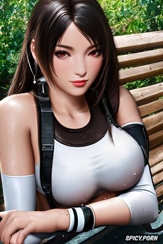 tifa lockhart final fantasy vii remake beautiful face tight outfit sitting on a park bench raining wet hair wet face pouting masterpiece