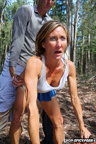 skirt, eyes wide in fear and shock, double teamed, petite, freckled tan pretty suburban milf ambushed and brutally ravaged by strangers while biking on a woodsy trail