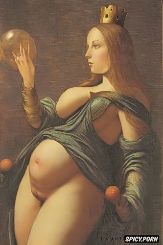 renaissance painting, virgin mary nude, crown radiating, wide open