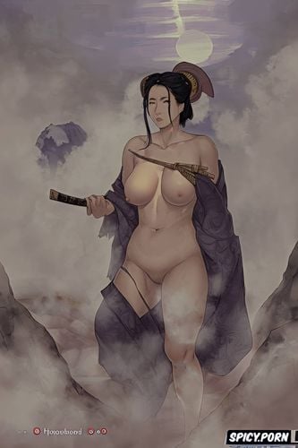 samurai sword, fog, nude portrait, michelangelo buonarroti, fat hips