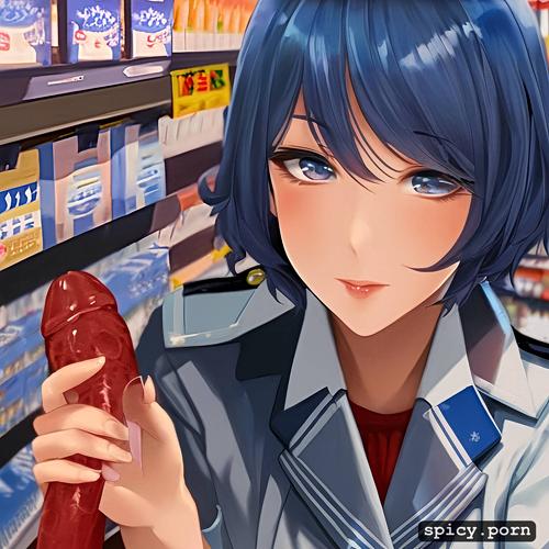 in supermarket, perfect body, blue hair, perfect face, millitary uniform