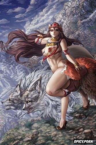 gaugain, voluptuous body, lifting one knee, fat belly, peincess mononoke squatting riding on a giant wolf