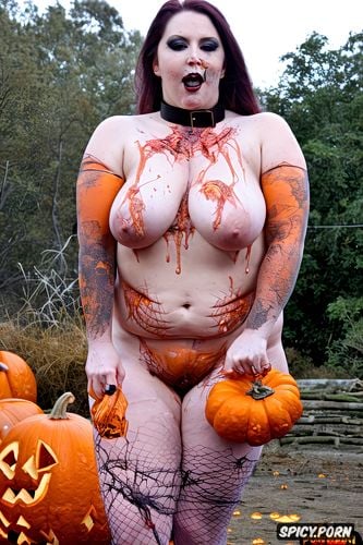 she s wearing a slut collar around her neck, dungeon of depravity covered in mess covered in red mess cobwebs pumpkins