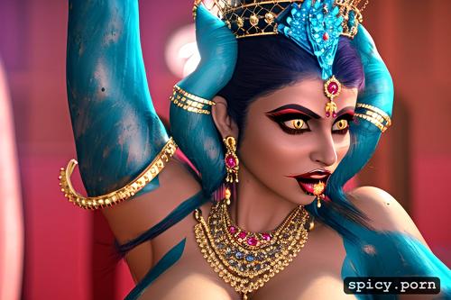 a crown on head and jewelers, slutey face, hindu goddess kali with 4 arms holding dick in every arm and a dick is fucking her in pussy