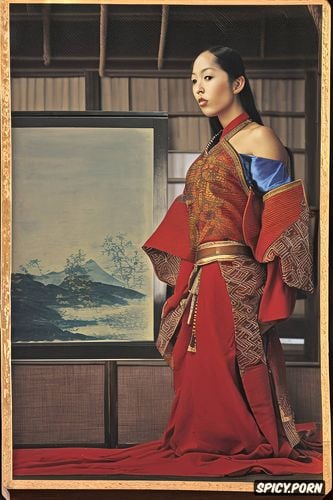 wearing red tunic, dimensional, gold frame, carpet texture, flat painting japanese woodblock print