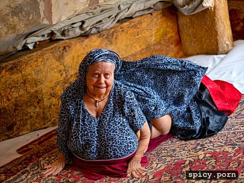 professional photograph, open red hijab, obese wrinkled arabic old granny