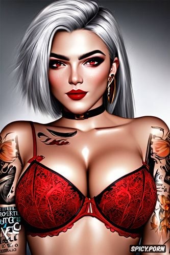 k shot on canon dslr, ultra realistic, ashe overwatch beautiful face young tattoos small perky tits elegant low cut red lace lingerie masterpiece