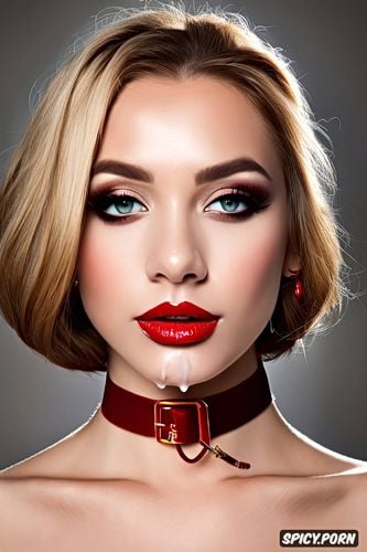 choker on her neck, looking directly at the camera, red lipstick