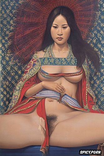 thick thai woman, portrait olivia munn, blue coat, brown hair