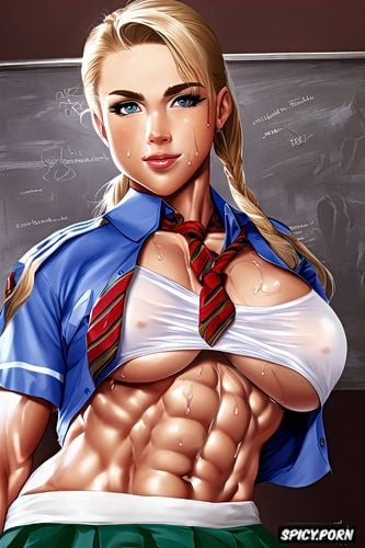 necktie, high detail photo realism, firm huge breasts, showing six pack abs