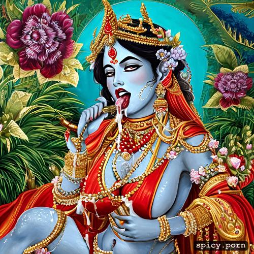 beautiful hindu goddes devi kali, cum on tongue, 4 arm, eating food with cum