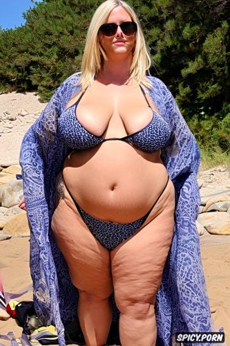 bikini, sunglasses, beach, fat thighs, fat belly, blonde milf