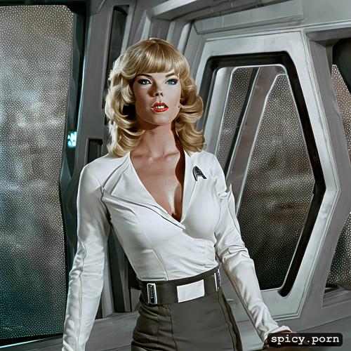 realistic, wearing sci fi uniform, 8k, anne francis on the bridge of the starship enterprise
