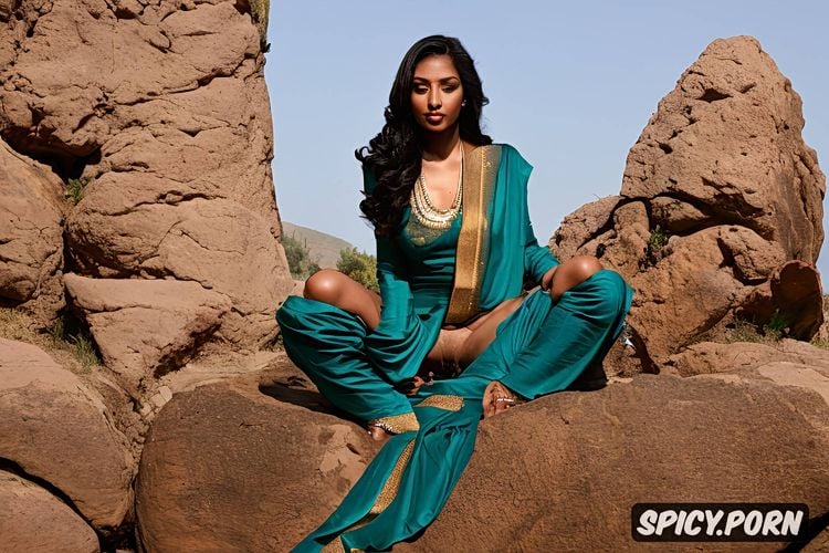 gorgeous face, half sleeve blouse, long saree, open thighs, landscape ancient indian fort