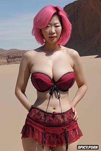 in desert, hot body, pink hair, beautiful face, bdsm gears, intricate hair