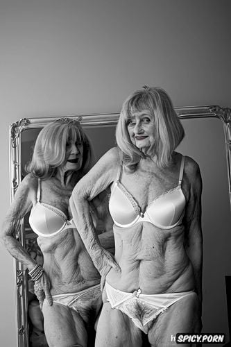 photorealistic, naked, wearing ugly white bra and panties, color photo