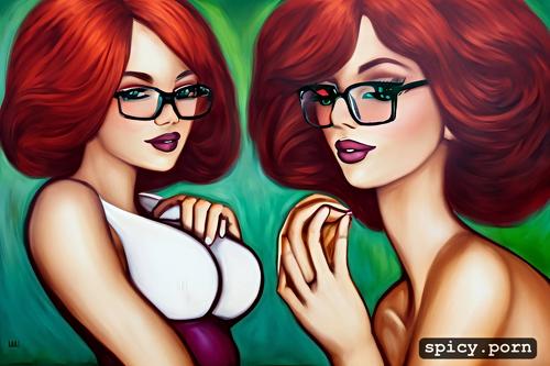 ginger hair, glasses, large breasts, dress, hourglass figure body
