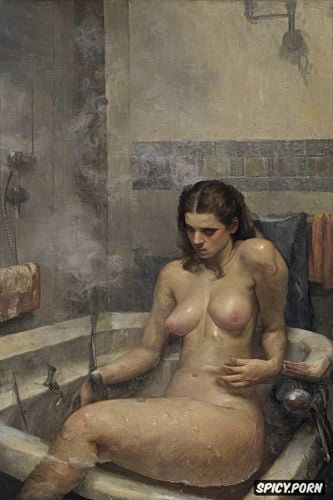 intimate tender lips, gottfried hellnwein oil painting, taking a bath