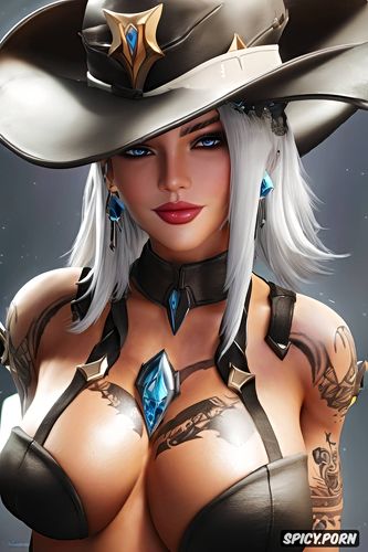k shot on canon dslr, ashe overwatch beautiful face young topless tits out tattoos masterpiece