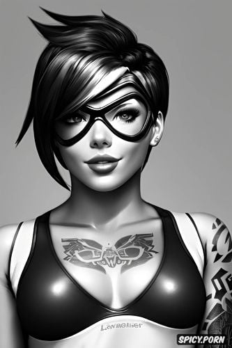 tattoos masterpiece, k shot on canon dslr, ultra detailed, tracer overwatch beautiful face young sexy low cut black and white bodysuit