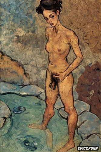 chubby hips, taking a piss, édouard vuillard oil painting, hairy vagina