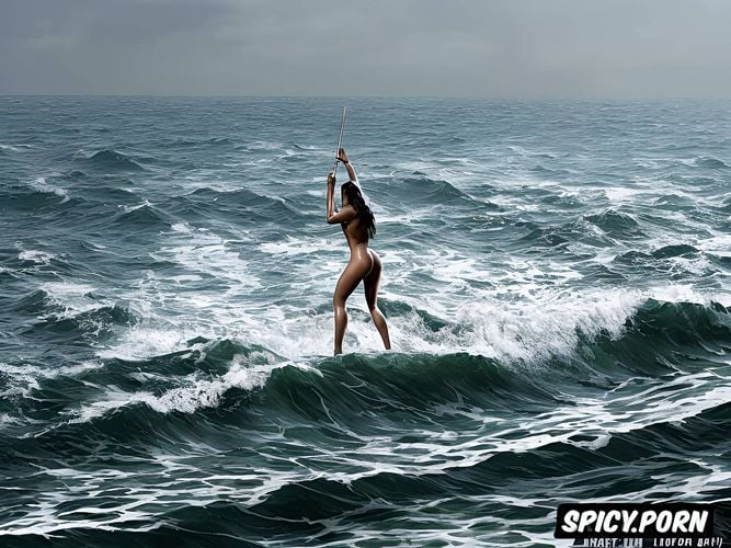 walking on water oiled body, flashes, rain, wind, very muscular