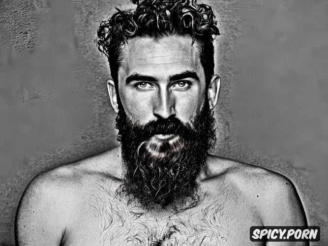age, full shot, detailed artistic pencil nude sketch of a bearded hairy man looking extremely similar to travis kelce