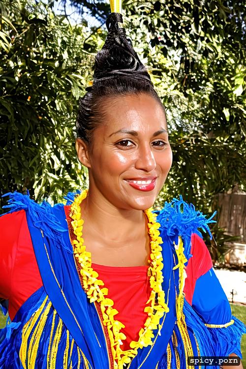 flawless smiling face, 44 yo beautiful tahitian dancer, intricate beautiful hula dancing costume