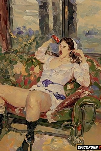 couch, vampire, tongue out, drooling, pyotr krivonogov, impressionism painting style