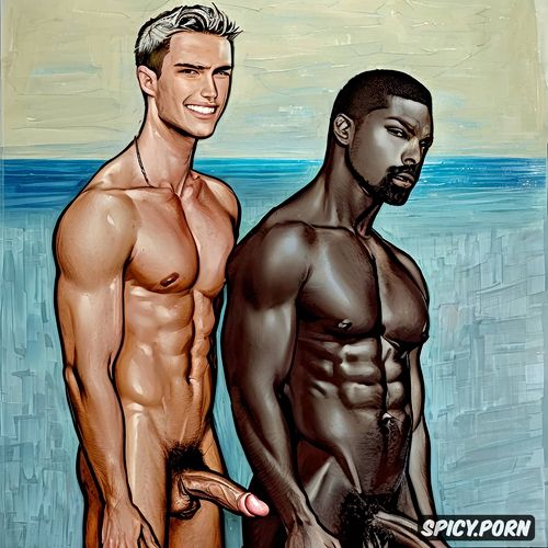 white handsome young fit man, ying and yang, black handsome bearded muscular man