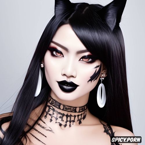 black fox ears, pale grey white skin, piercing, long hair, heavy metal clothing