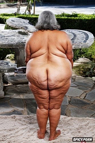 enormous saggy ass, rear view, seventy five of age, perfect face