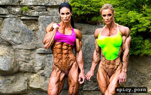 ultra muscular, ginger, huge muscles, two women, iliac furrows
