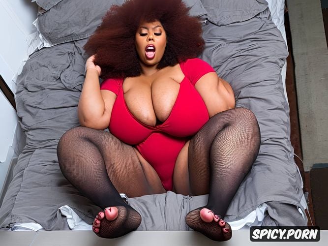 boobs disproportionate to body, busty, massive huge red afro hair