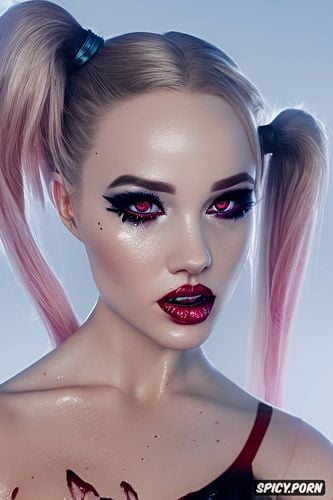 pigtail hair style, pink and blue highlight tips, harley quinn